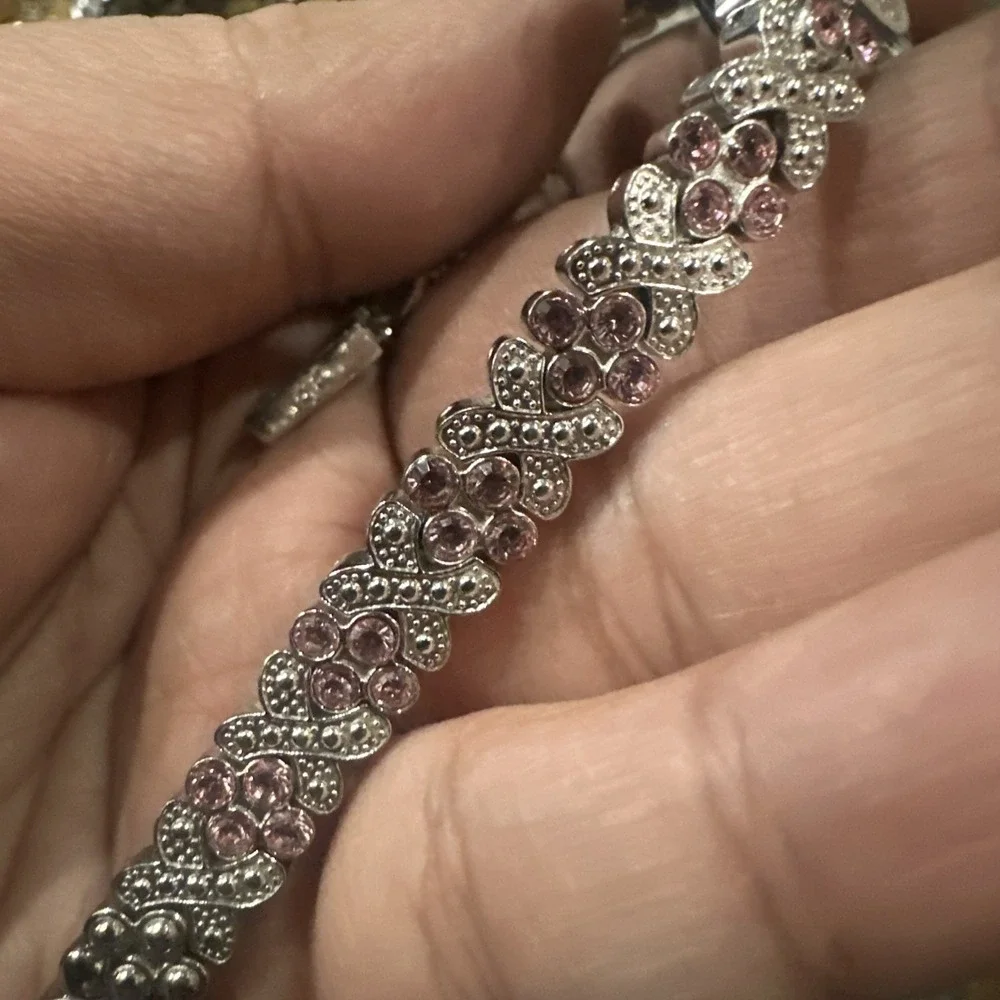 Working Anne Klein Silver Tone Pink Crystals Dainty Women's Watch 20mm Fit 6in